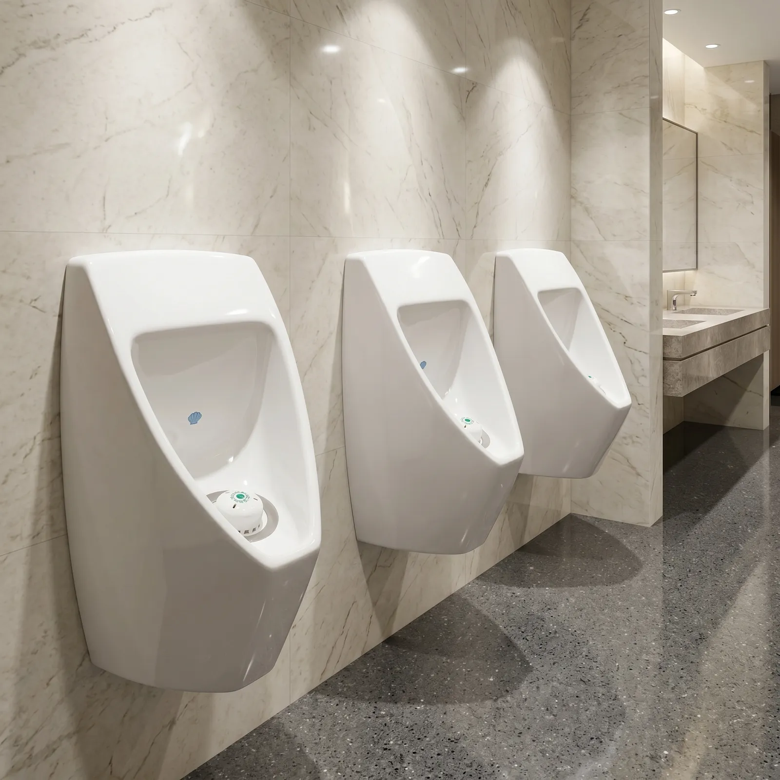 Waterbesparende urinoirs met Ecobug caps in een luxe winkelcentrum toiletruimte