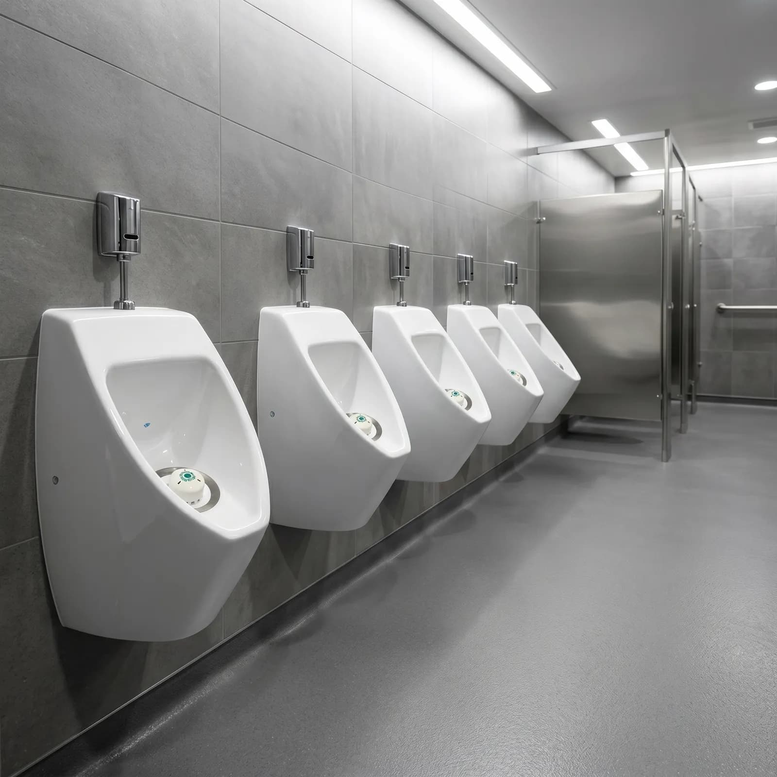 Lange rij waterloze urinoirs met Ecobug caps in een stadion toiletruimte
