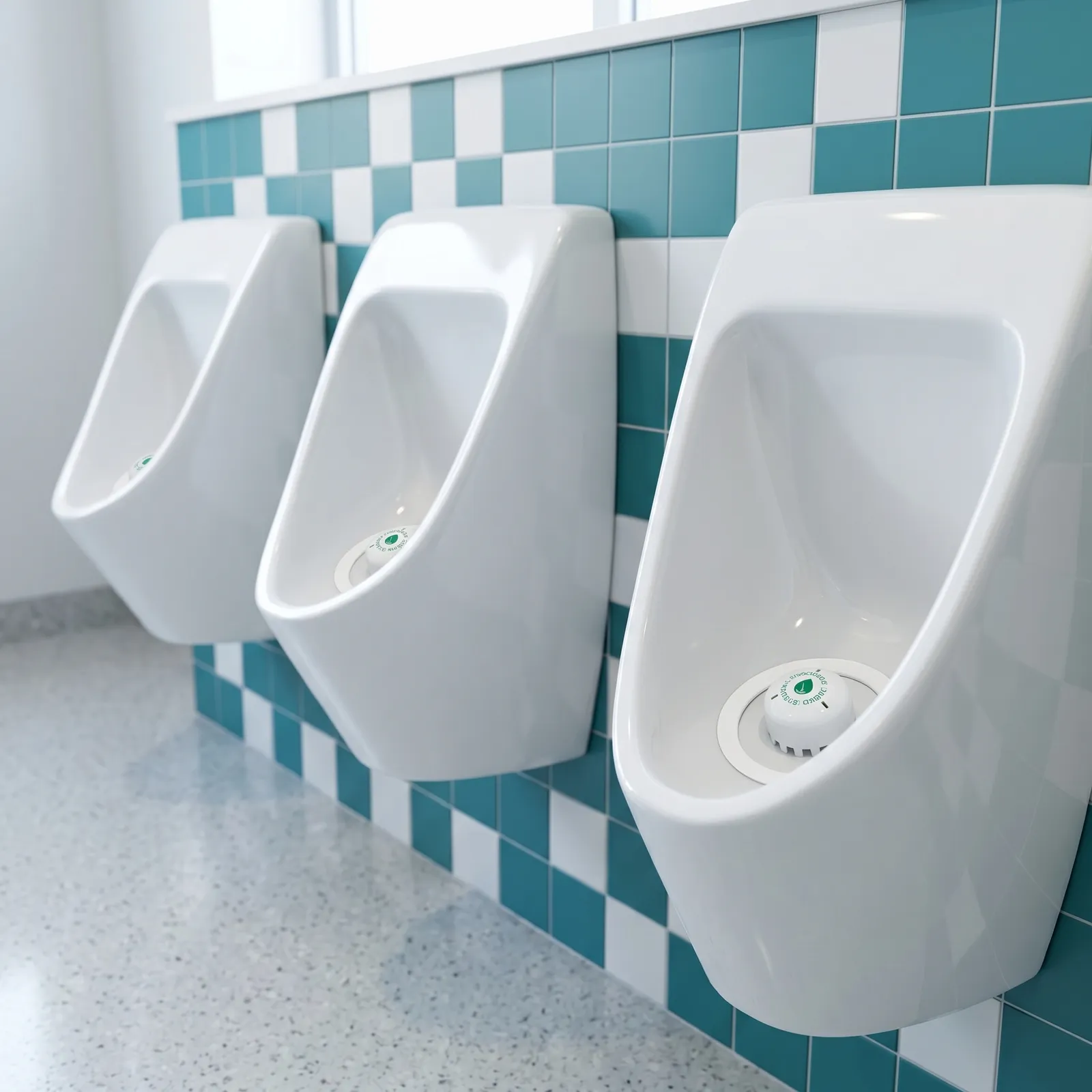Ecobug waterloze urinoir caps in een universiteit toiletruimte