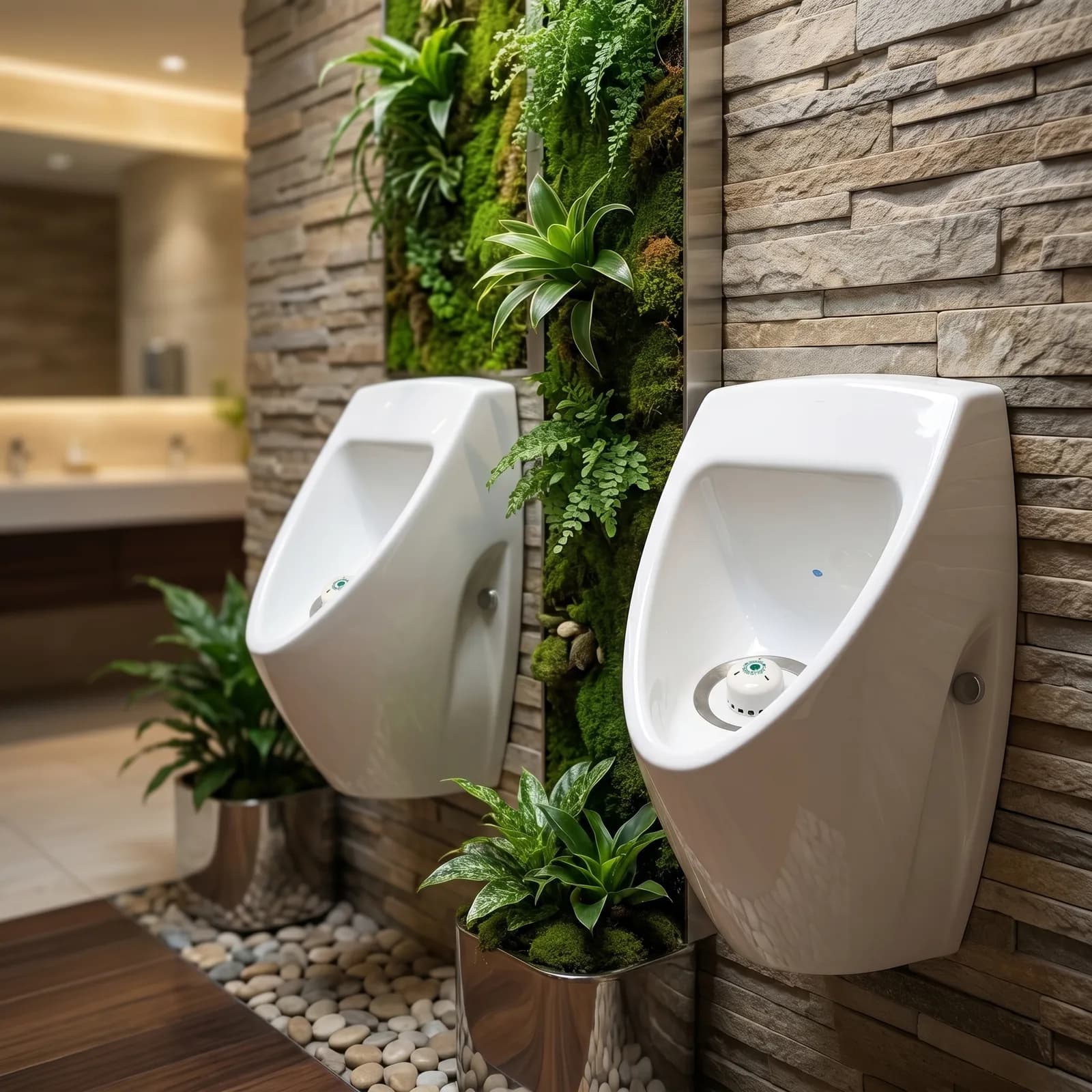 Ecobug waterbesparende urinoir caps in een groene wellness spa toiletruimte