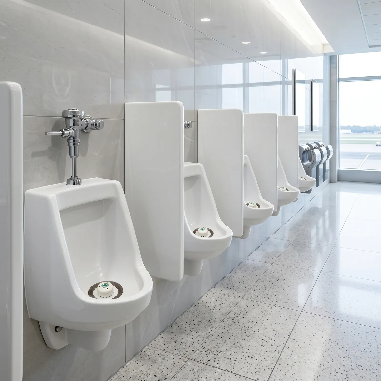 Rij waterloze urinoirs met Ecobug® caps in een moderne luchthaven toiletruimte