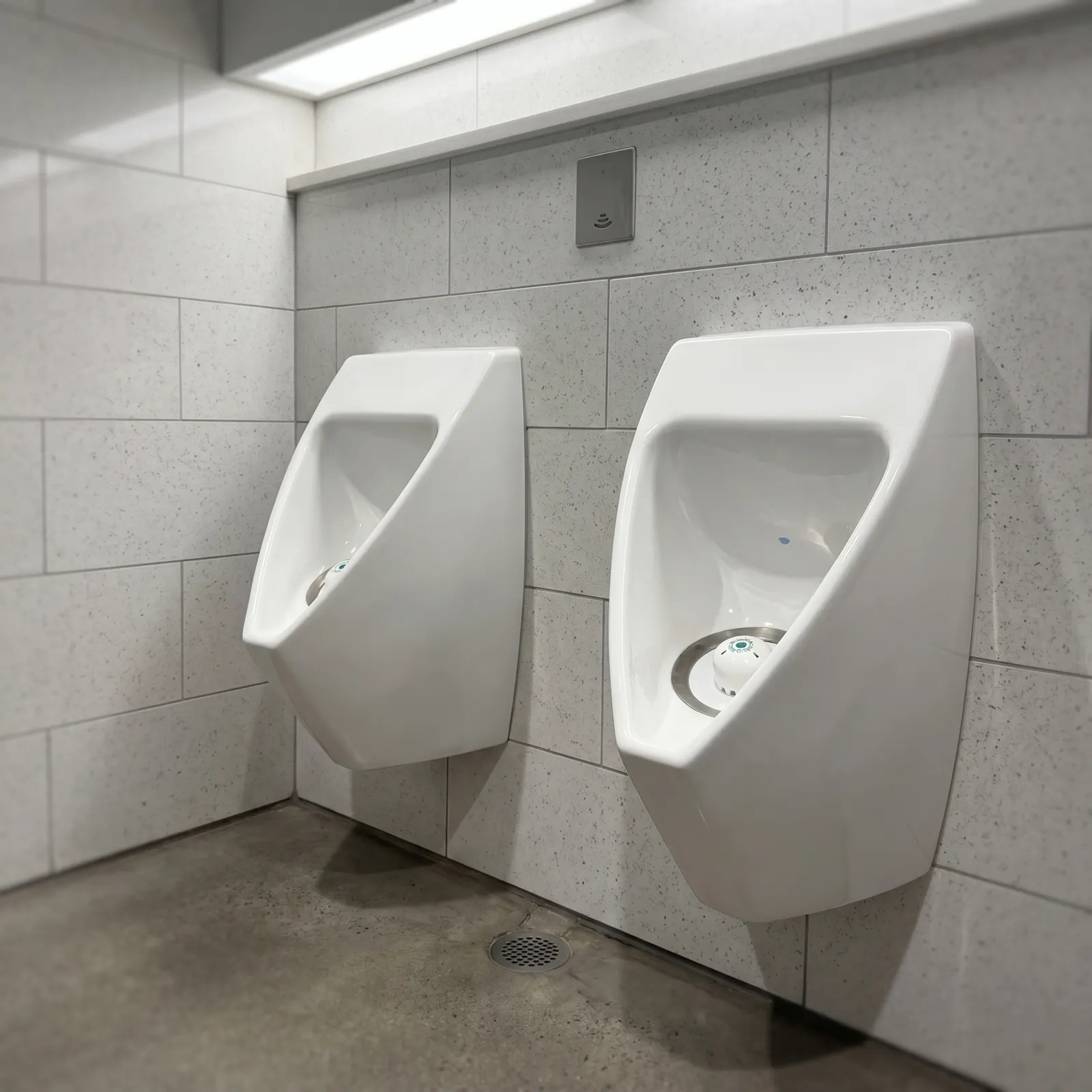 Ecobug® waterloze urinoir caps in een schone tankstation toiletruimte