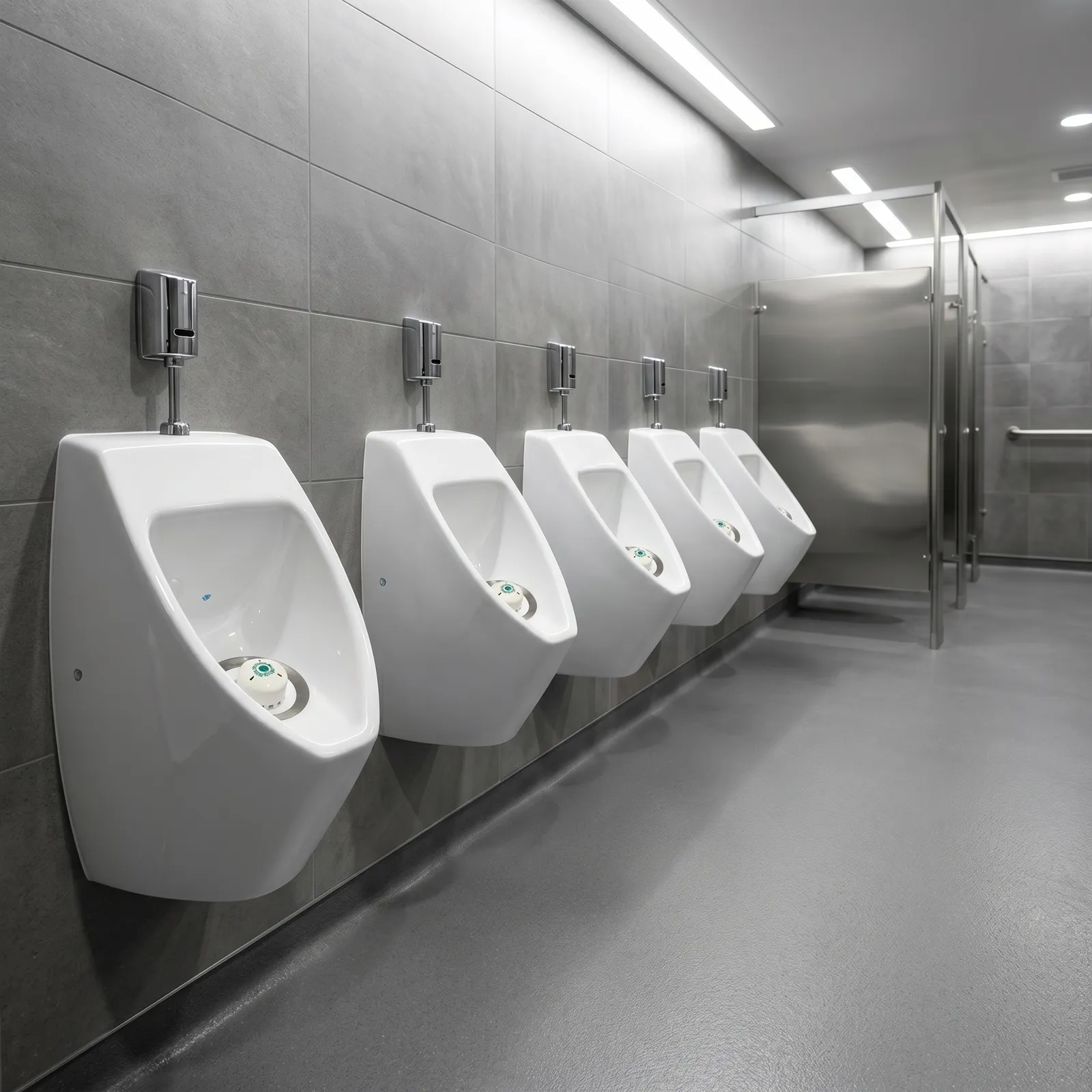 Lange rij waterloze urinoirs met Ecobug® caps in een stadion toiletruimte